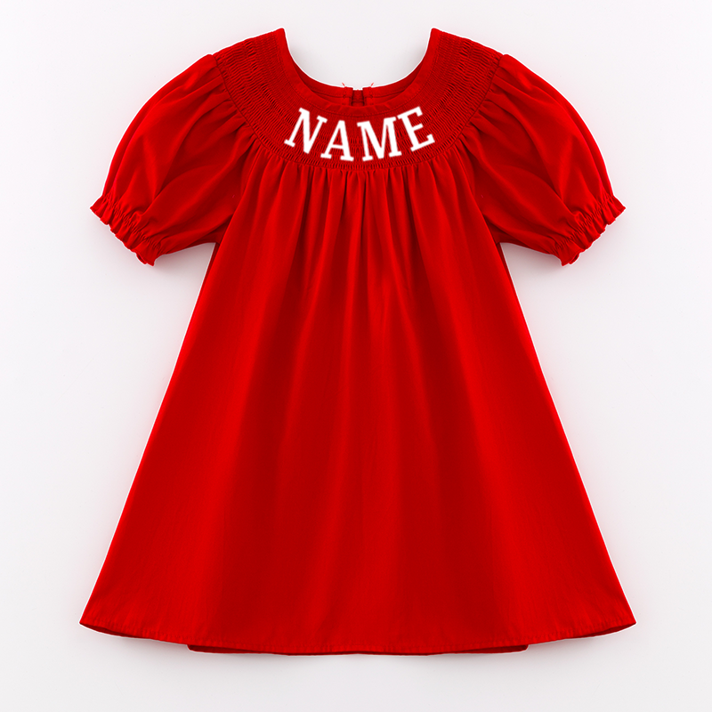 Girls Summer Red Custom Name Smock Embroidery Dress