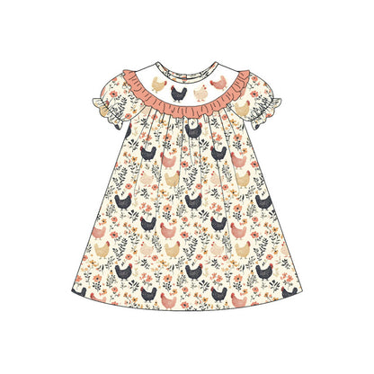 Girls Fall Farm Chick Print Embroidery Smocked Sibling Outfit Set