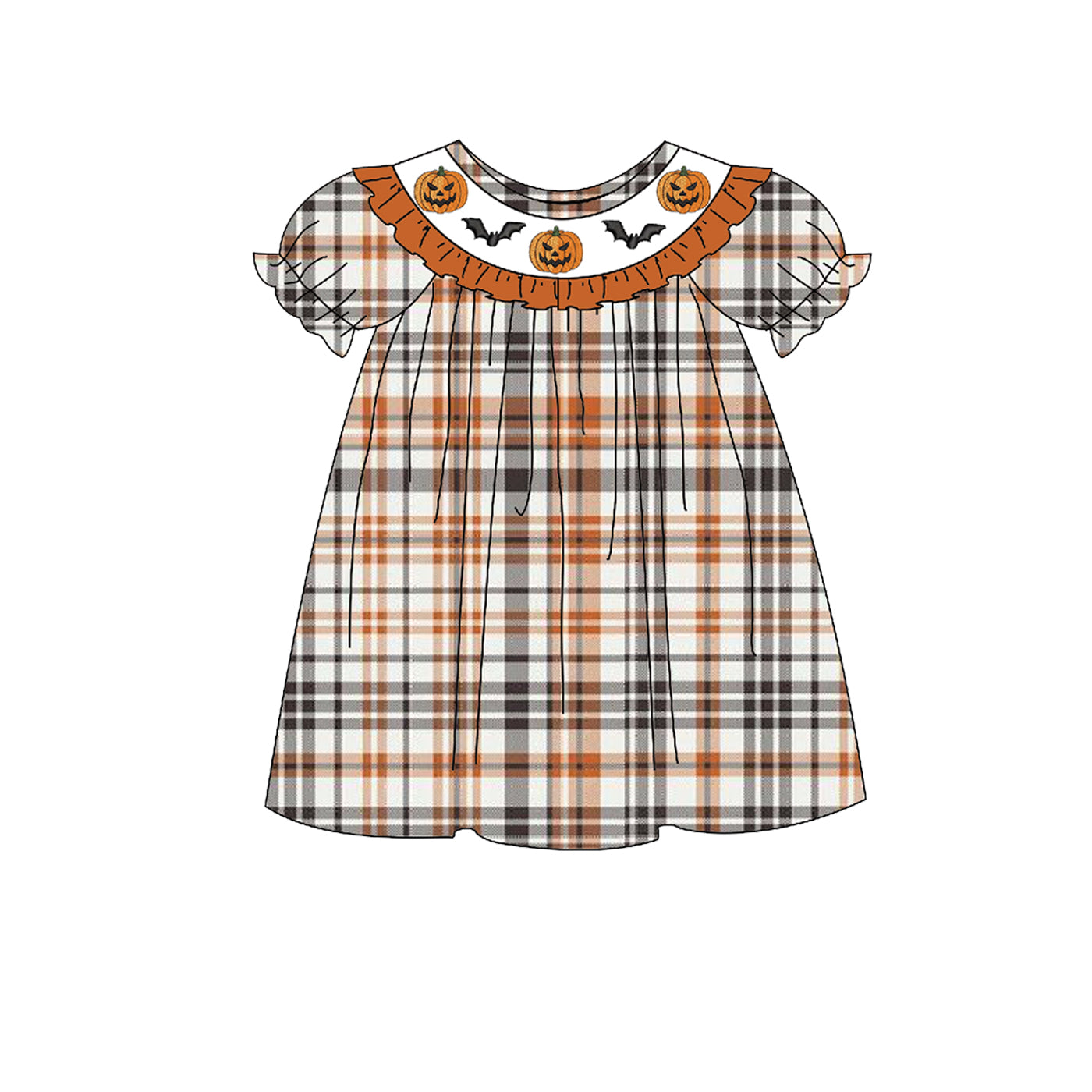 Kids Halloween Orange Plaid Collection-Pumukin Bat Smocked Embroidered