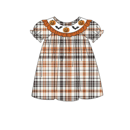 Kids Halloween Orange Plaid Collection-Pumukin Bat Smocked Embroidered