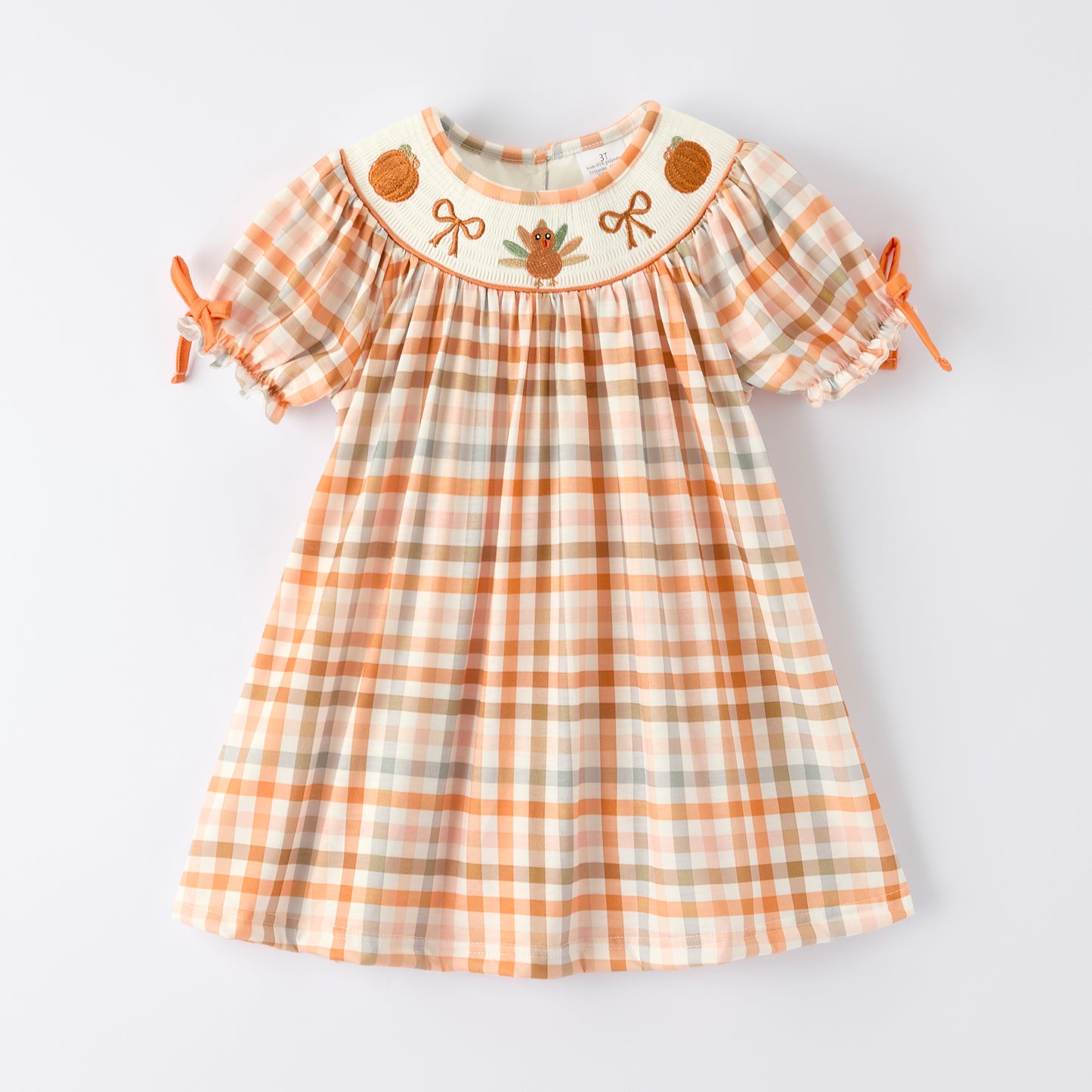 Thanksgiving Pumpkin Turkey Bow Embroidery Smock Fall Dress