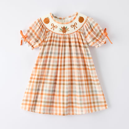 Thanksgiving Pumpkin Turkey Bow Embroidery Smock Fall Dress
