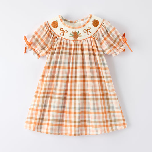 Thanksgiving Pumpkin Turkey Bow Embroidery Smock Fall Dress
