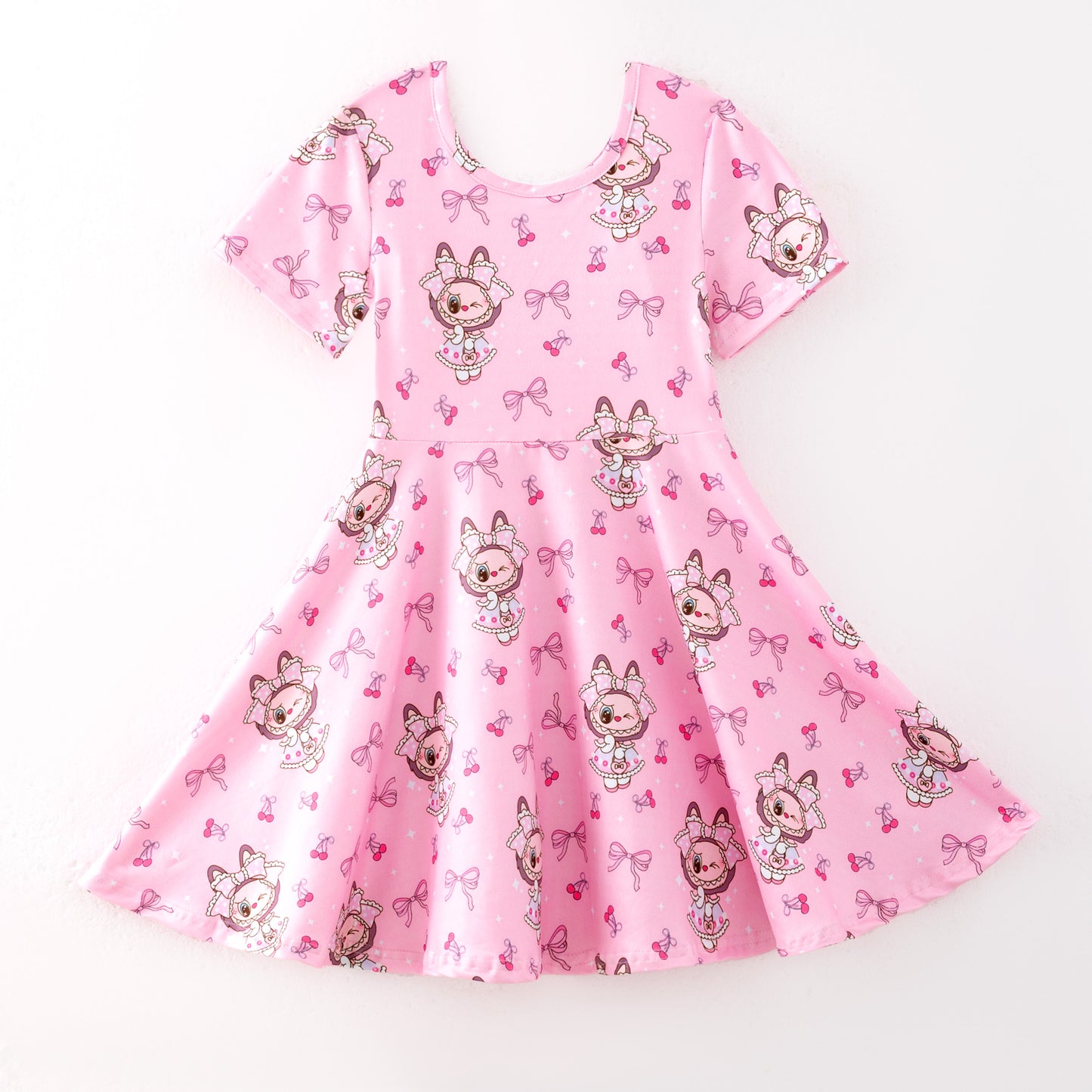 Girls Summer LABUBU Print Pink Short Sleeves Twirl Dress