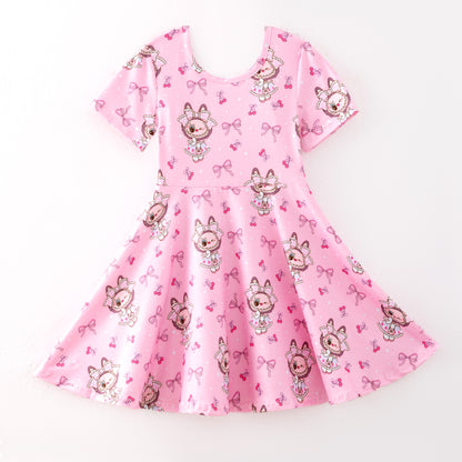 Girls Summer LABUBU Print Pink Short Sleeves Twirl Dress