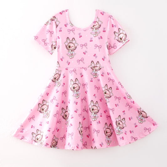 Girls Summer LABUBU Print Pink Short Sleeves Twirl Dress