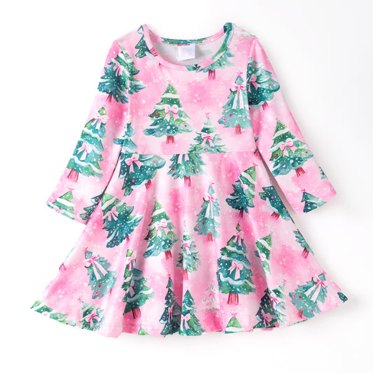Girls Christmas Pink Bow Christmas Tree Long Sleeves Dress