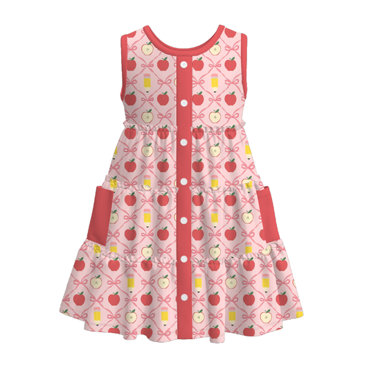 Girls Summer Back To School Apple Bow Dress