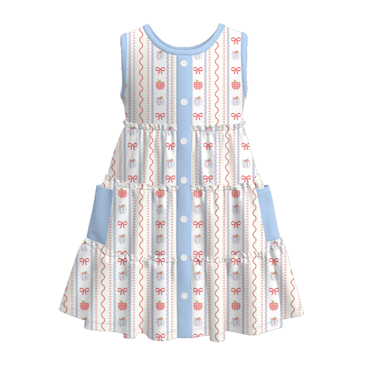 Girls Summer Back To School Blue Apple Bow Dress