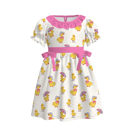 Girls Summer Cute Ducks Hot Pink Ruffles Dress