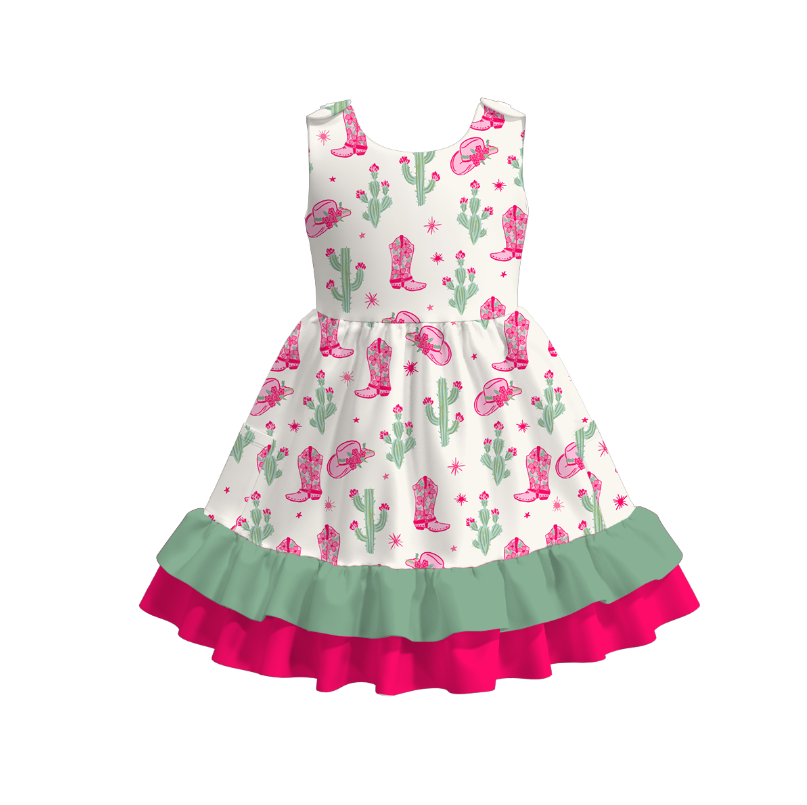 Girls Summer Cactus Boots Green Hot Pink Ruffles Dress