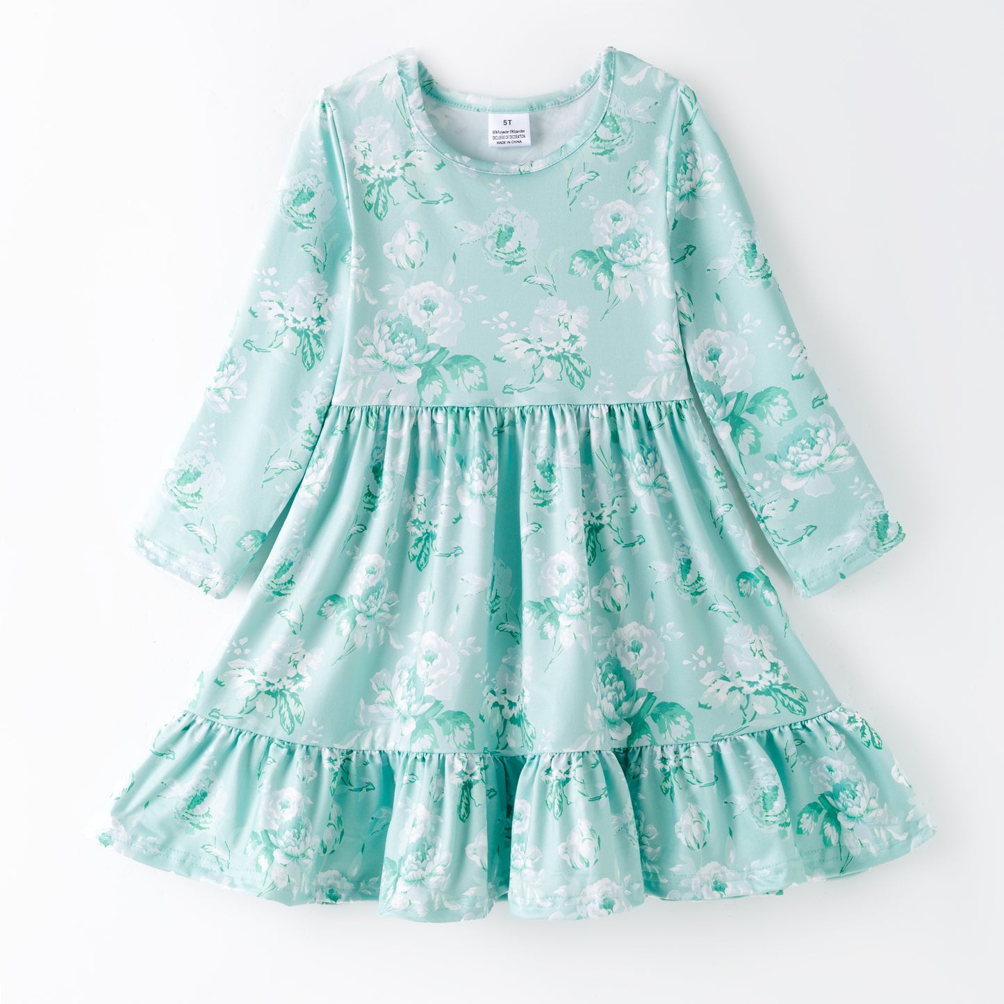 Girls Fall Autumn Blue Floral Print Ruffled Long Sleeves Dress