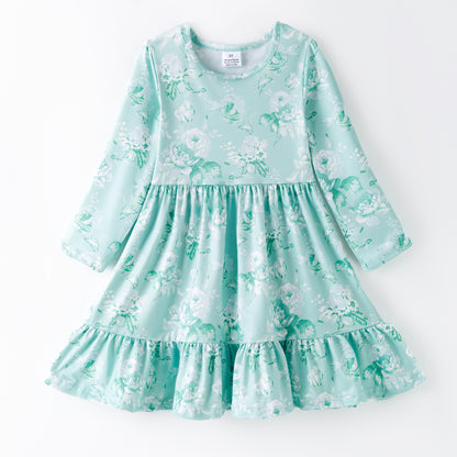 Girls Fall Autumn Blue Floral Print Ruffled Long Sleeves Dress