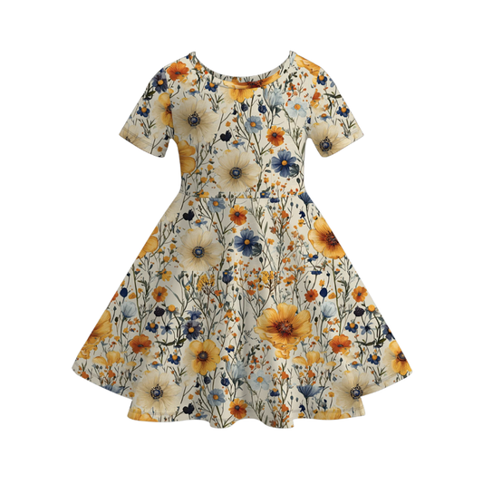 Mommy And Me Summer Fall Floral Print Soft Twirl Dress