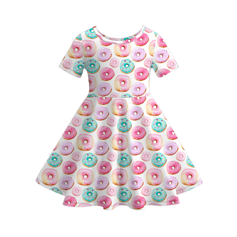 Girls Fall Doughnut Floral Ghost Print Short Sleeves Twirl Dress