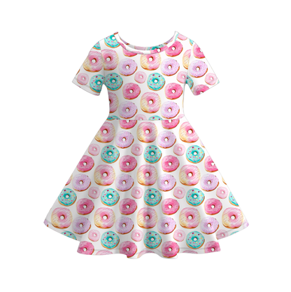 Girls Fall Doughnut Floral Ghost Print Short Sleeves Twirl Dress