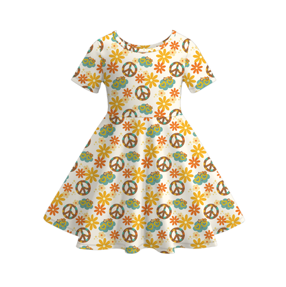 Girls Fall Doughnut Floral Ghost Print Short Sleeves Twirl Dress