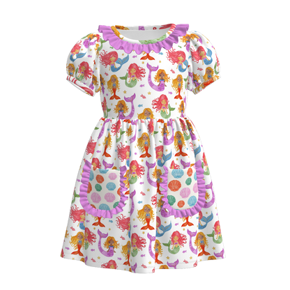 Girls Summer Bow Orange Mermaid Print  Pocket Soft Dress