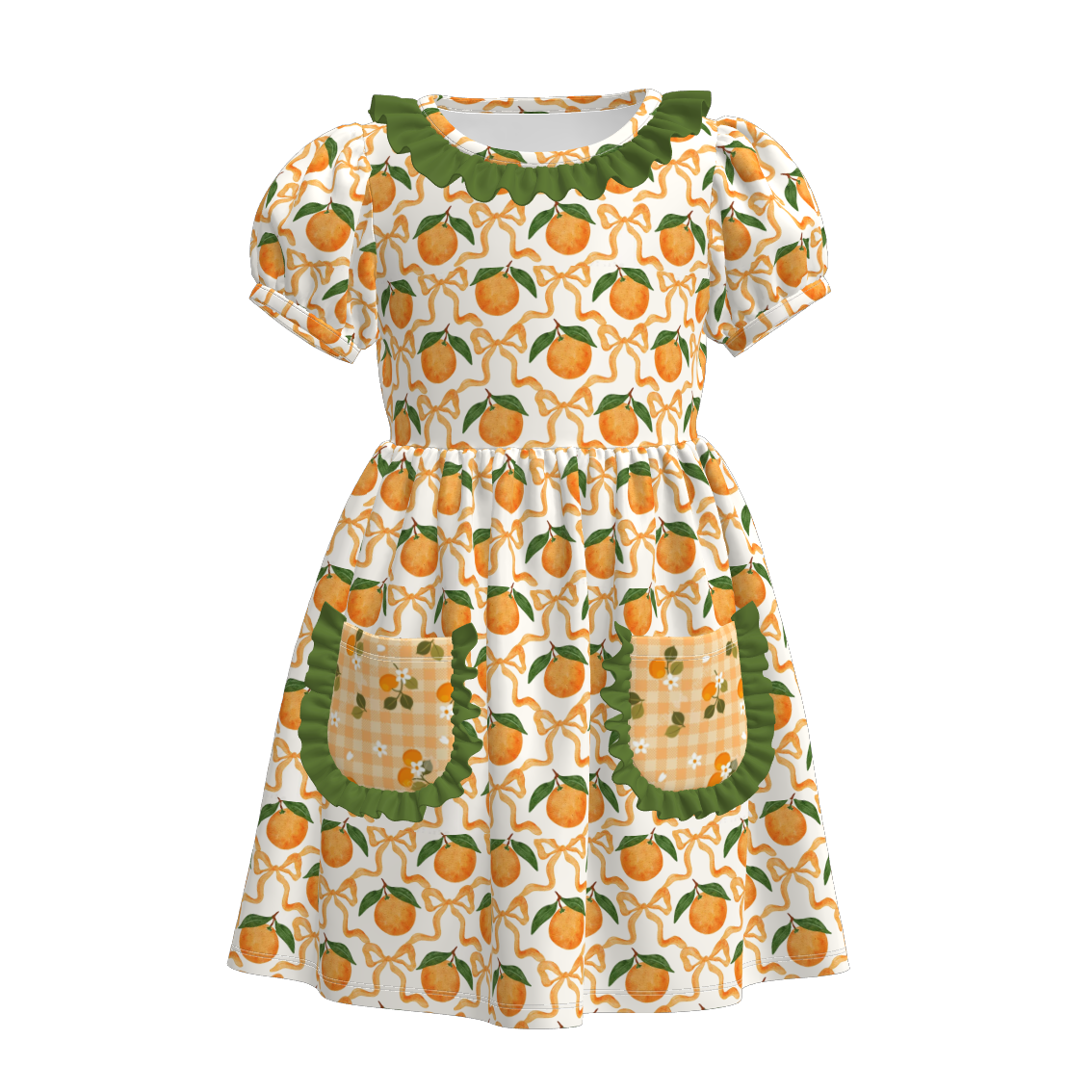 Girls Summer Bow Orange Mermaid Print  Pocket Soft Dress