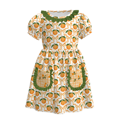Girls Summer Bow Orange Mermaid Print  Pocket Soft Dress