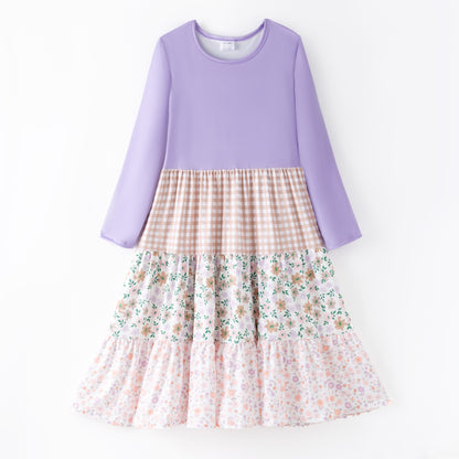 Girls Fall Autumn Lavender Plaid Floral Print Ruffled Long Sleeves Dress