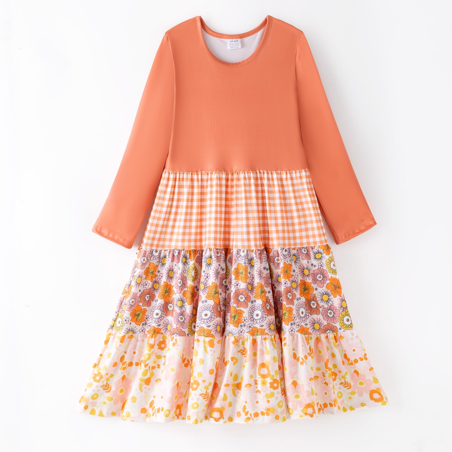 Girls Fall Autumn Orange Plaid Floral Print Ruffled Long Sleeves Dress