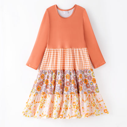 Girls Fall Autumn Orange Plaid Floral Print Ruffled Long Sleeves Dress