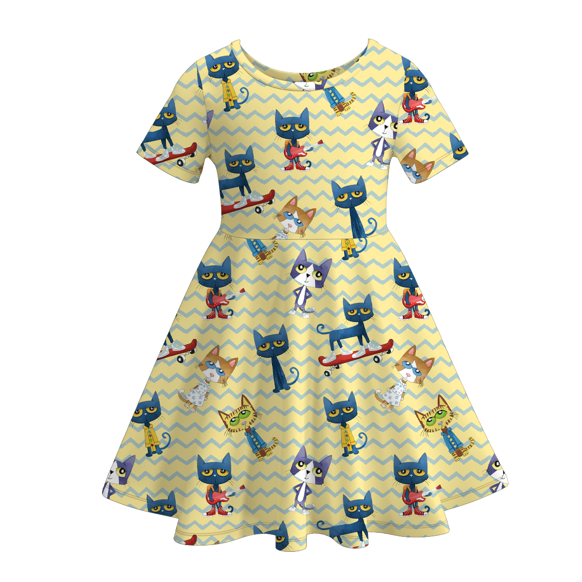 Girls Summer Fall Pete The Cat Print Short Sleeves Twirl Dress