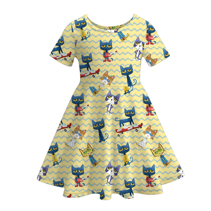 Girls Summer Fall Pete The Cat Print Short Sleeves Twirl Dress
