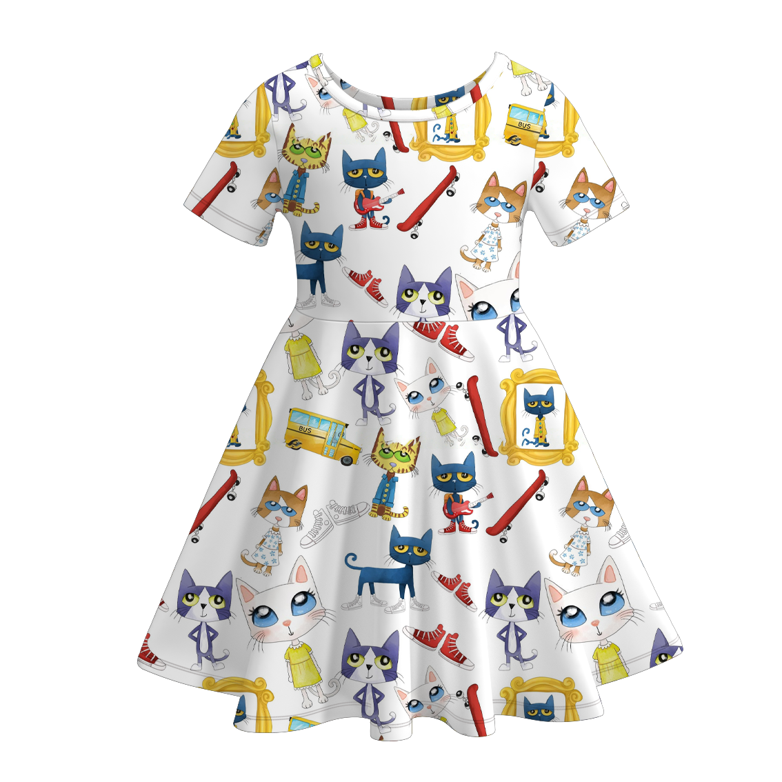 Girls Summer Fall Pete The Cat Print Short Sleeves Twirl Dress