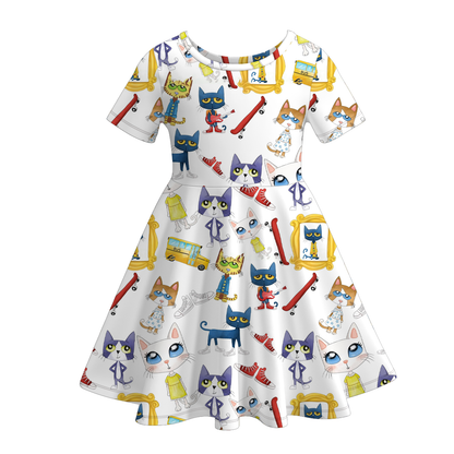 Girls Summer Fall Pete The Cat Print Short Sleeves Twirl Dress