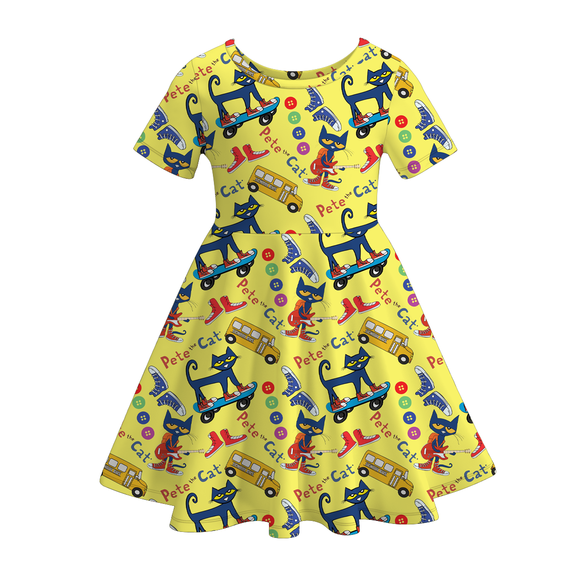 Girls Summer Fall Pete The Cat Print Short Sleeves Twirl Dress