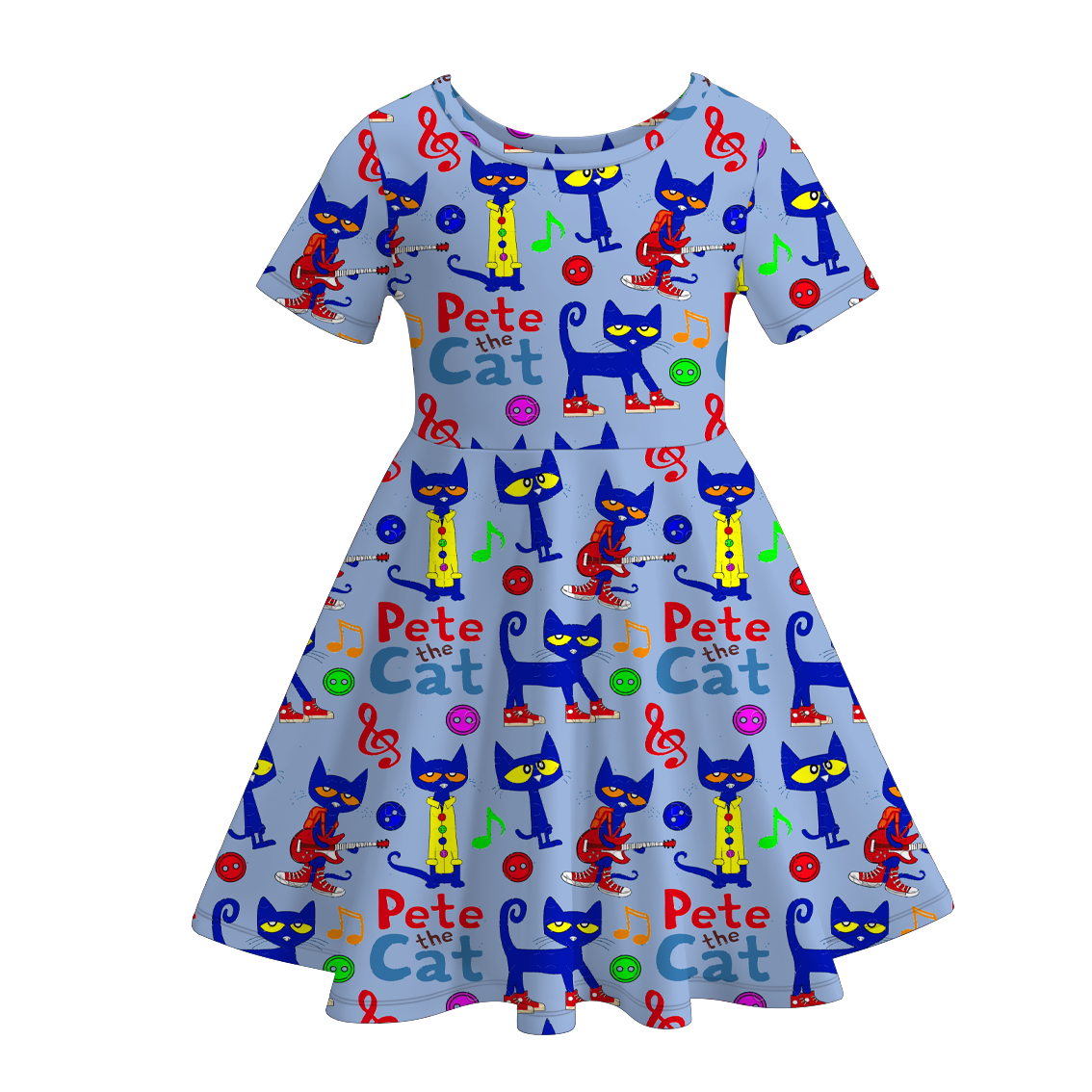 Girls Summer Fall Pete The Cat Print Short Sleeves Twirl Dress