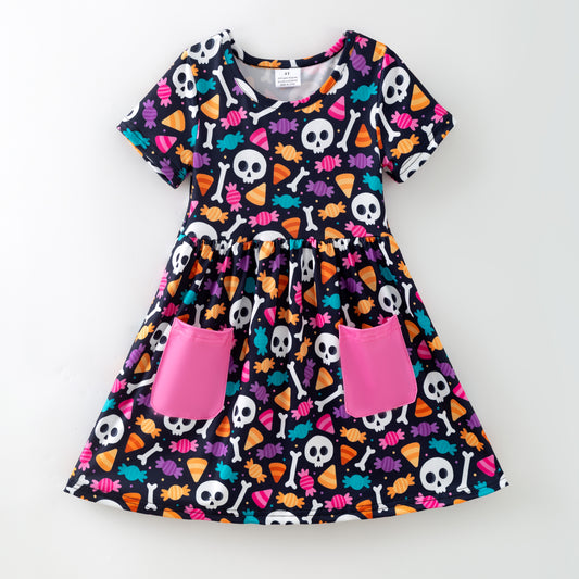 Girls Halloween Skull Hot Pink Pocket Short Sleeves Dress