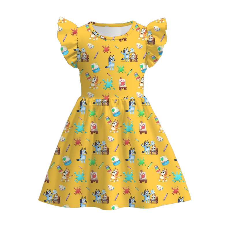 Girls Back To School Cartoon Apple Pencil Print Twirl Dress