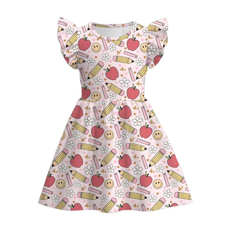 Girls Back To School Cartoon Apple Pencil Print Twirl Dress