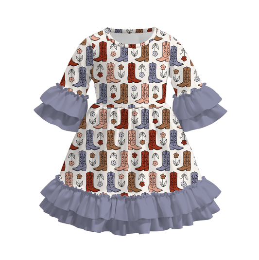 Girls Fall Autumn Grey Boots Print Ruffled 3/4 Sleeves Dress