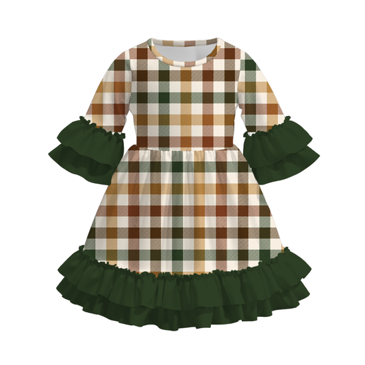Girls Fall Christmas Green Plaid Print Ruffled 3/4 Sleeves Dress