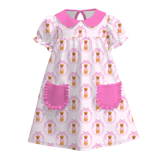 Girls Summer Pink Dog Bow Print Pocket Short Sleeves Dress