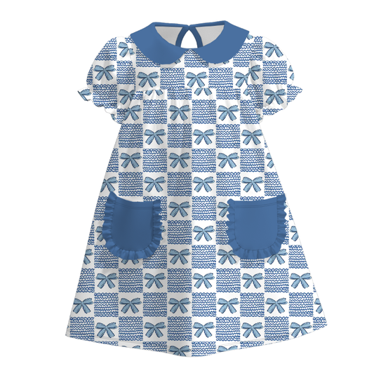 Girls Summer Fall Navy Bow Print Pocket Short Sleeves Dress