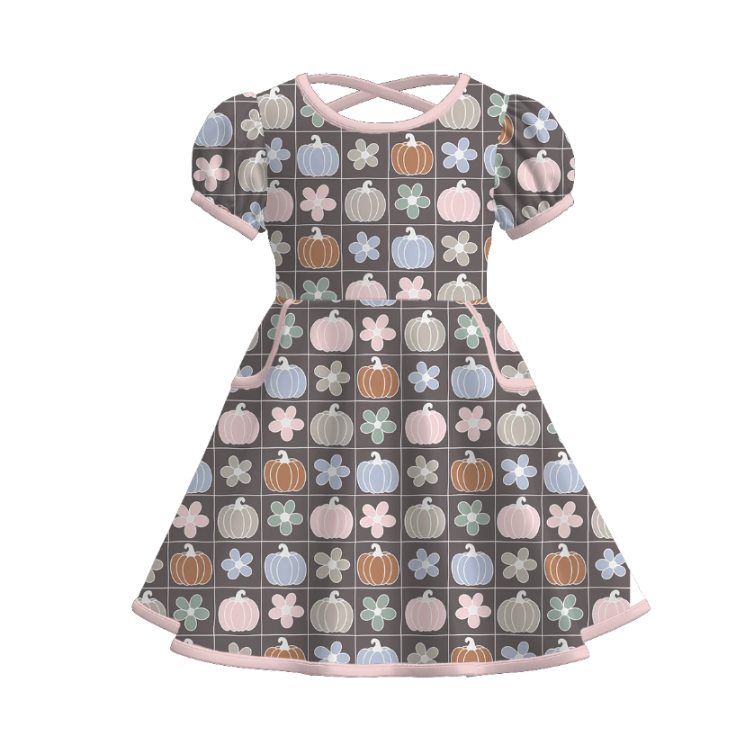 Girls Fall Autumn Pink Pumpkin Print Short Sleeves Dress