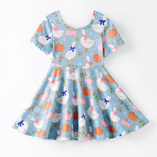 Girls Fall Halloween Gilly Goose Pumpkin Print Cute Twirl Dress