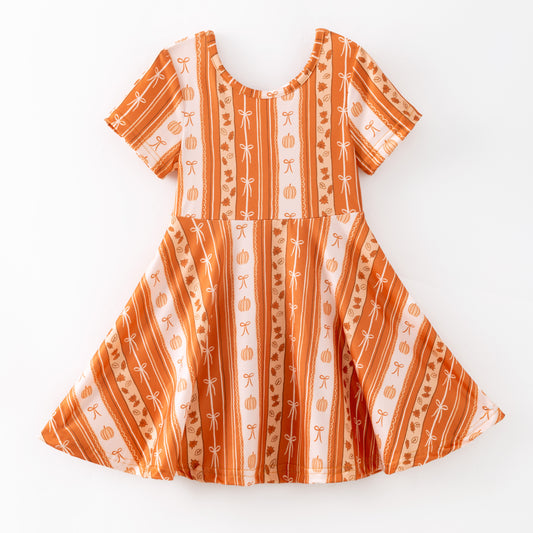 Girls Thanksgiving Orange Pumpkin Bow Print Milk Silk Soft Dress