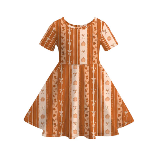 Girls Fall Thanksgiving Pumpkin Bow Long Sleeves Twirl Dress