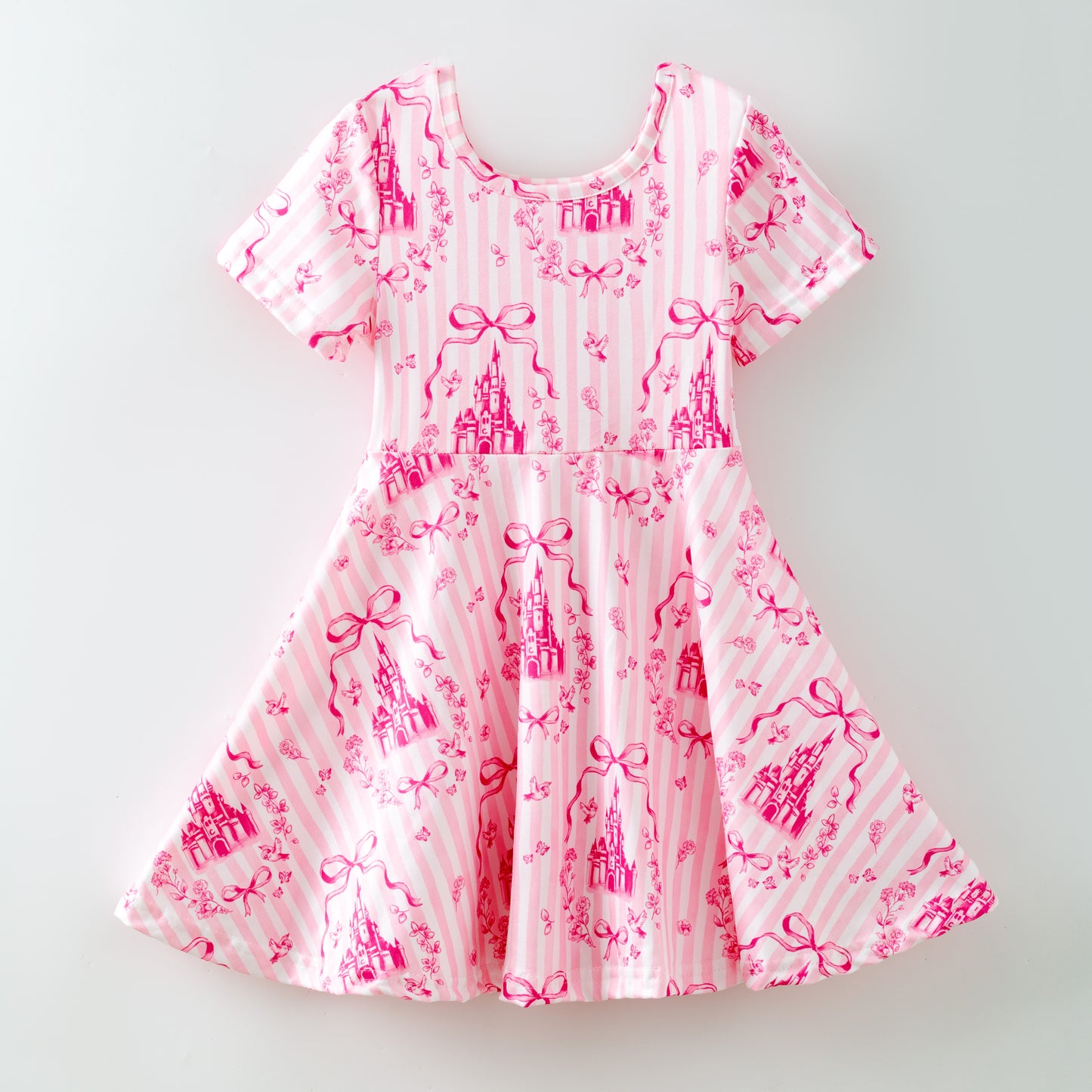Girls Summer Fall Pink Blue Castle Bow Print Dress & Pajamas Set