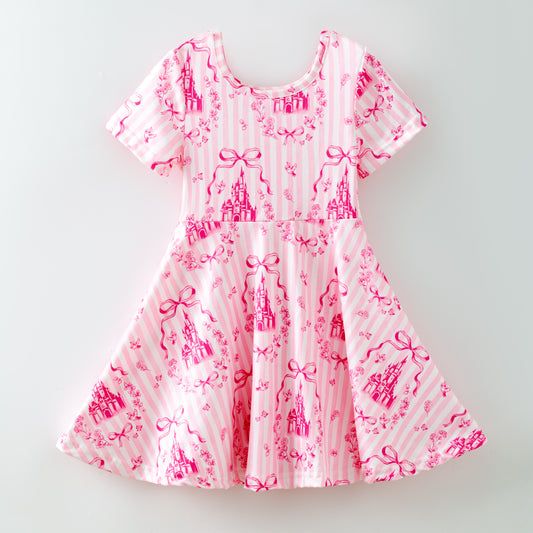 Girls Summer Fall Pink Blue Castle Bow Print Dress & Pajamas Set
