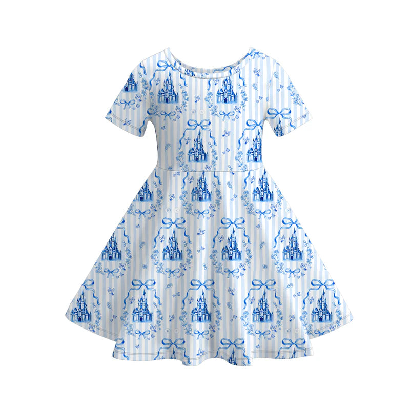 Girls Summer Fall Pink Blue Castle Bow Print Dress & Pajamas Set