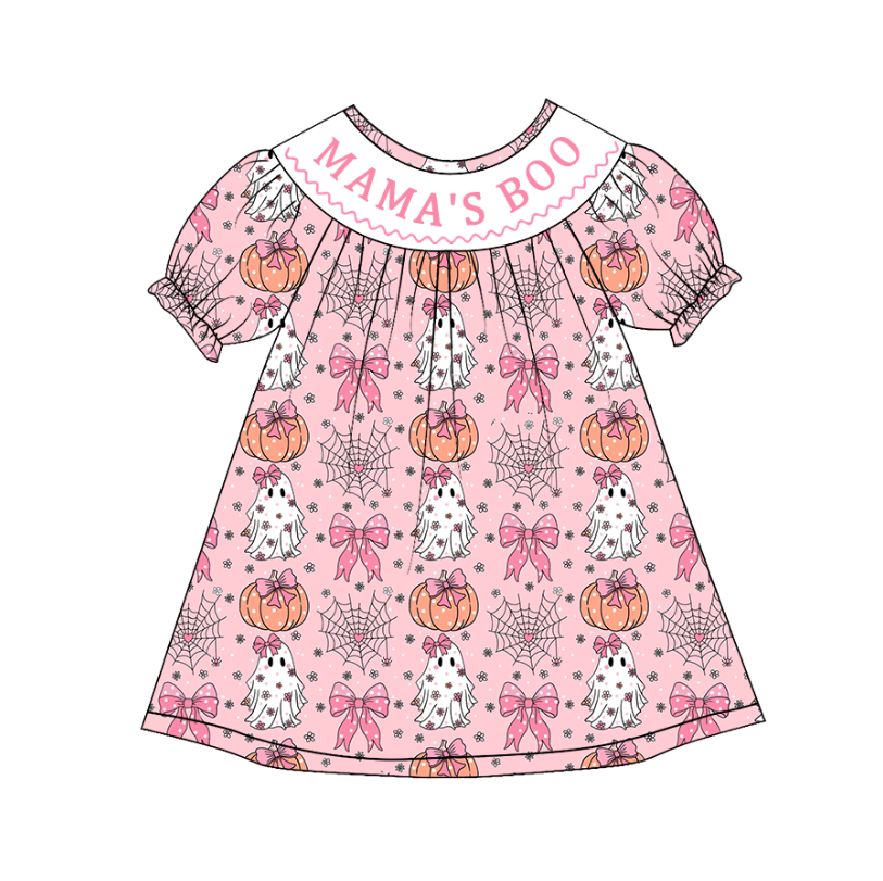 Girls Halloween MAMA'S BOO Smocked Embroidery Custom Name Dress & Baby Set