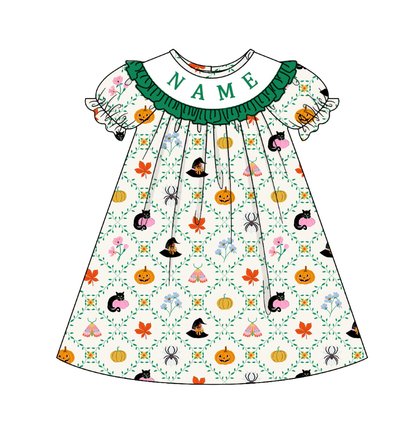 Kids Halloween CUSTOM NAME Embroidery Green Pumpkin Sibling Clothes
