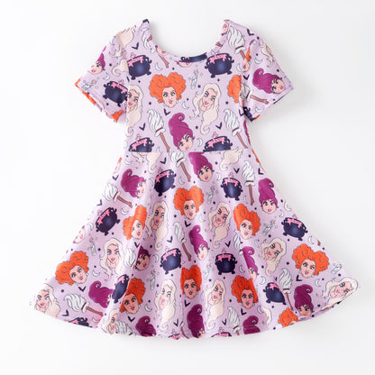 Girls Fall Halloween Witch Purple Print Cute Twirl Dress